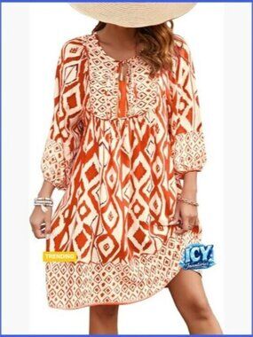 Rayon V-Neck 3/4 Sleeve Boho Floral Casual Summer Dress